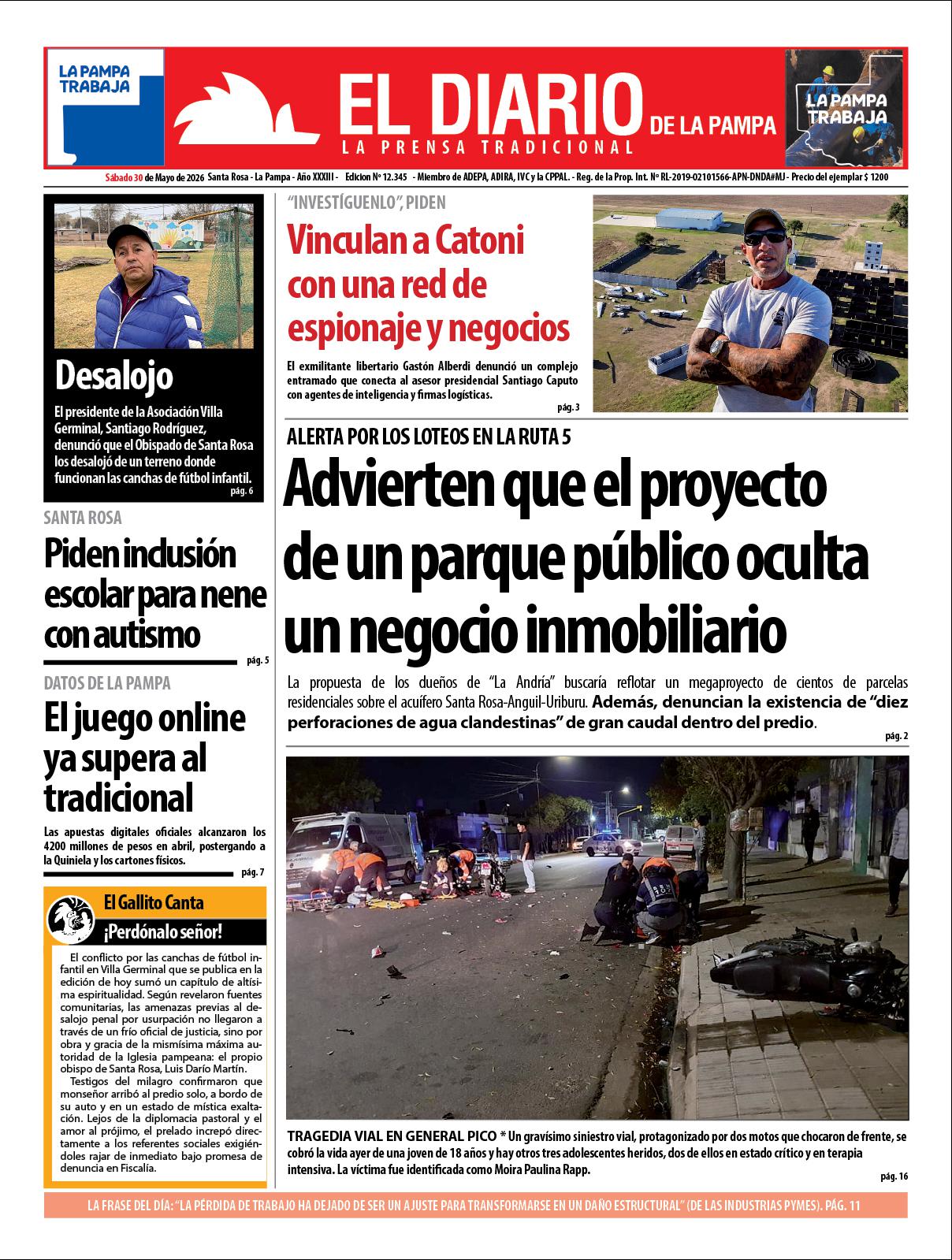 Tapa de El Diario en papel  saacutebado 30 de mayo de 2026